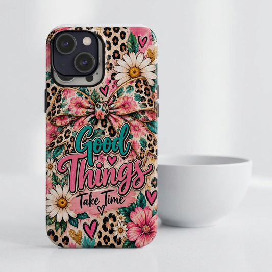 Slim Phone Case — "Good Things Take Time" Floral Leopard Bow Design