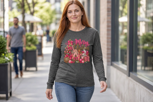 A woman wearing a dark gray heather t-shirt with a festive Christmas graphic that reads 'Merry Christmas' in pink, decorated with ornaments, a tree, and a gingerbread man, walking outdoors on a city sidewalk.