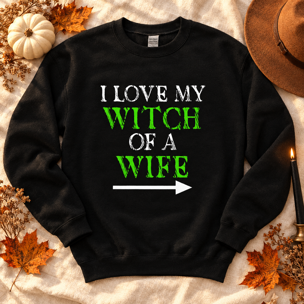 I Love My Witch of a Wife black sweatshirt flat lay with pumpkins and autumn leaves