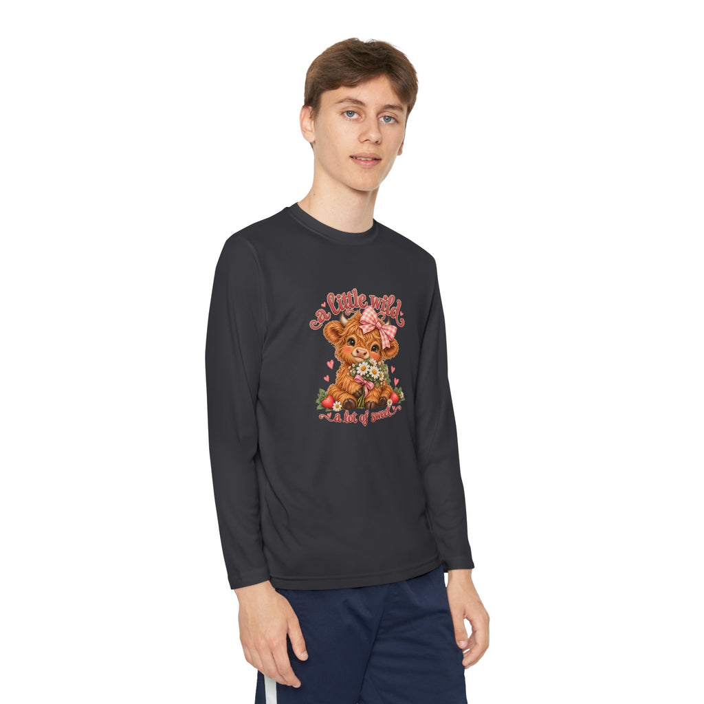 Youth Long Sleeve Tee — 'A Little Wild' Cute Highland Cow Floral Graphic