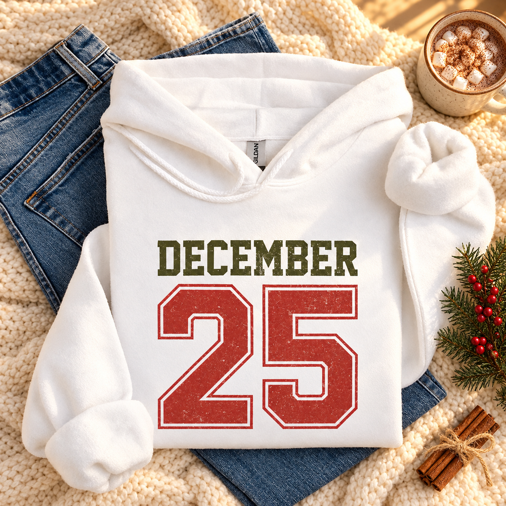 December 25 retro Christmas hoodie flat lay with hot cocoa and evergreen