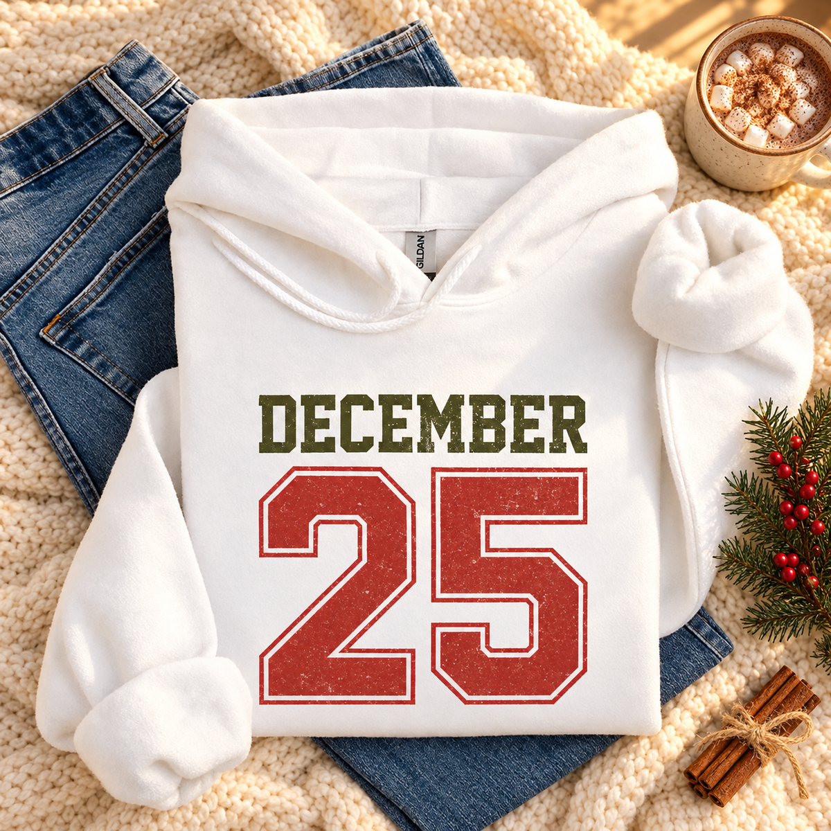 December 25 retro Christmas hoodie flat lay with hot cocoa and evergreen