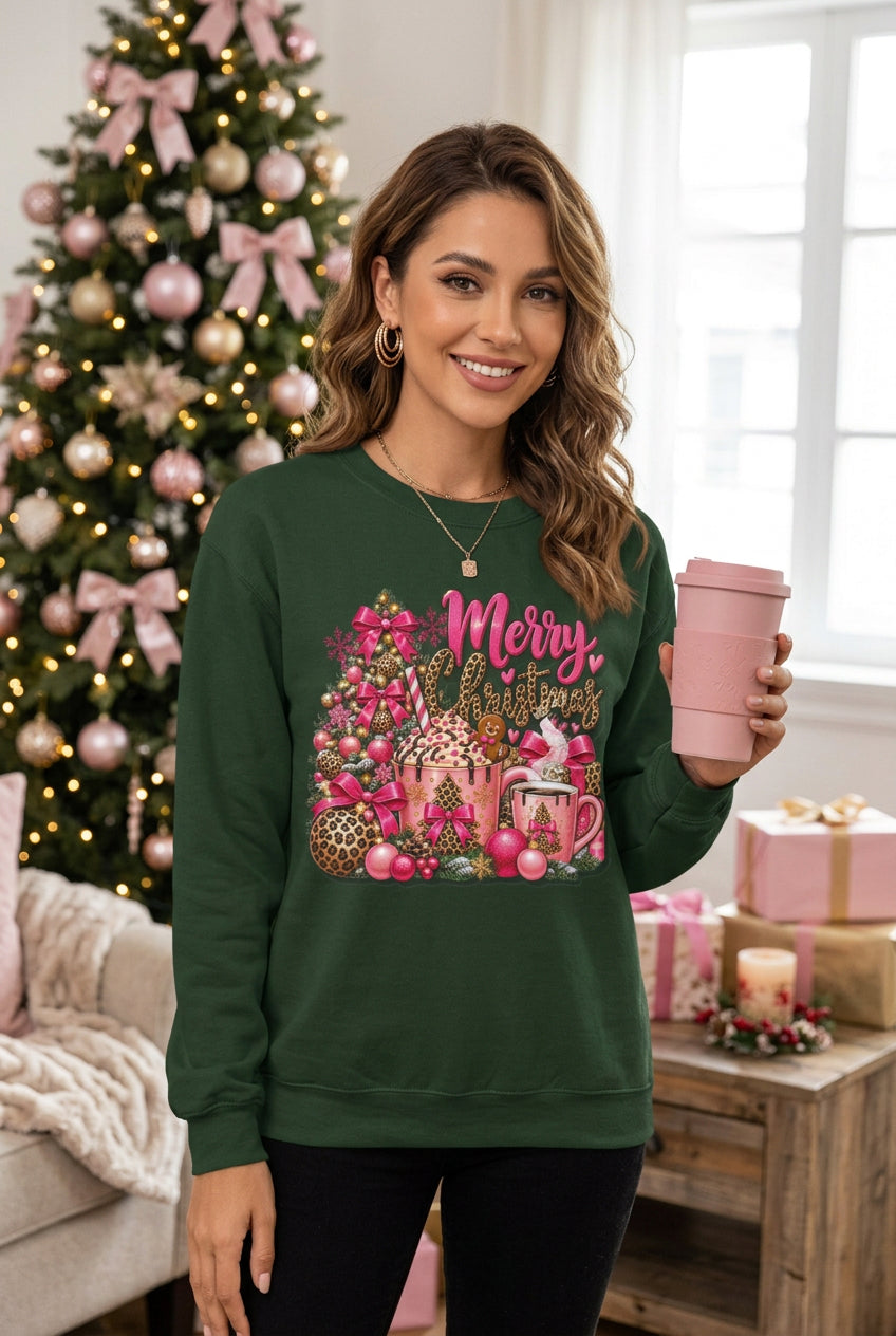 Merry Christmas Pink Leopard Holiday Long Sleeve T-Shirt