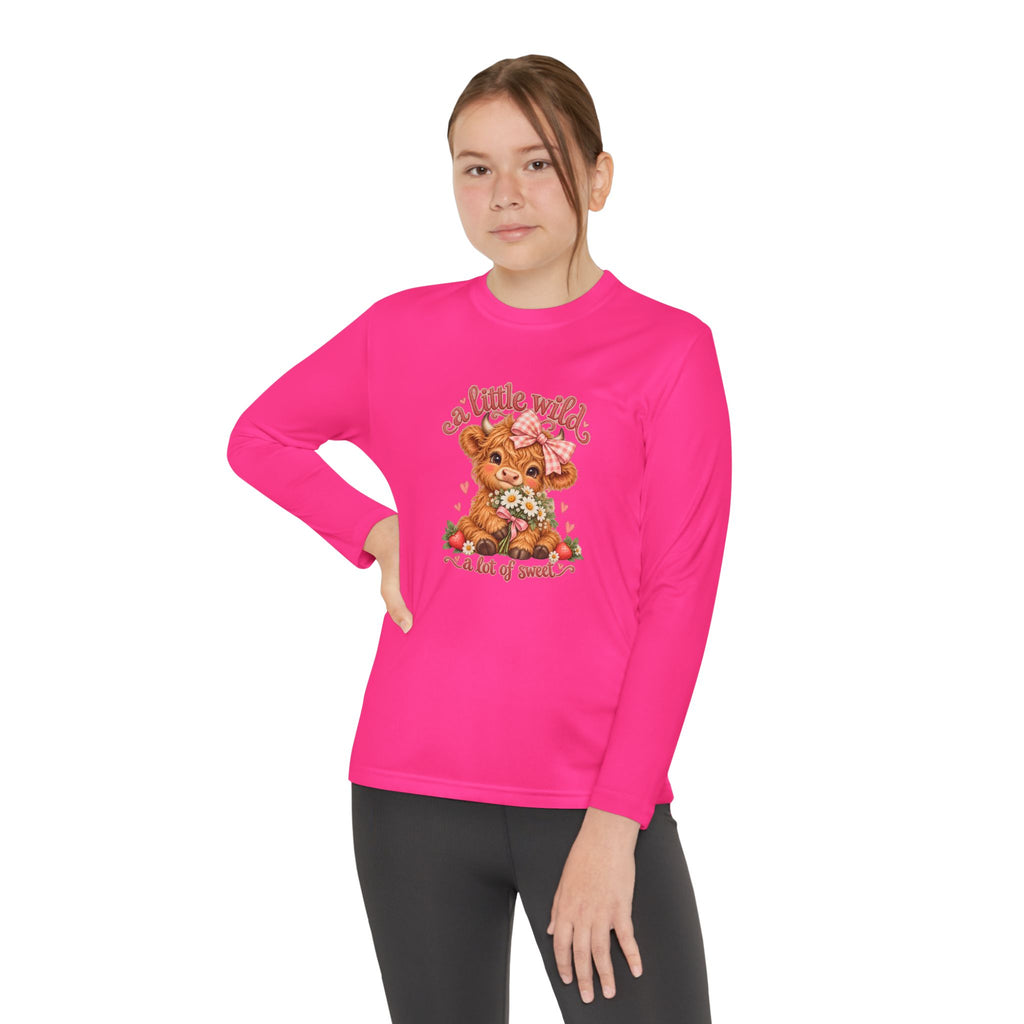 Youth Long Sleeve Tee — 'A Little Wild' Cute Highland Cow Floral Graphic