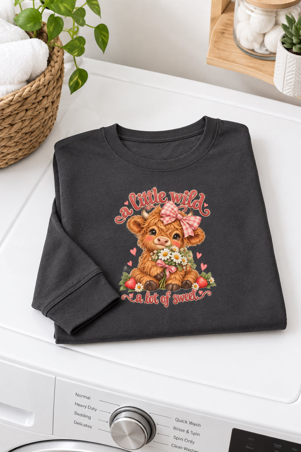 Youth Long Sleeve Tee — 'A Little Wild' Cute Highland Cow Floral Graphic