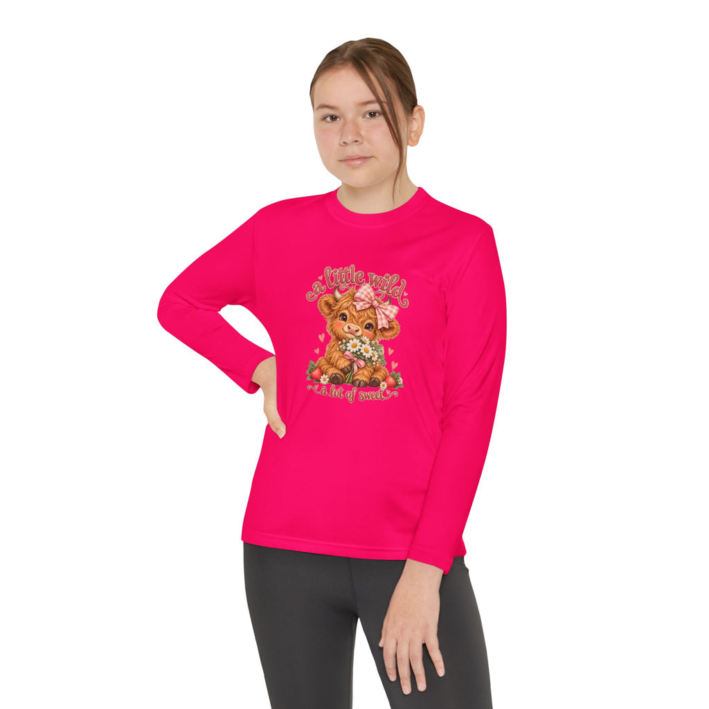 Youth Long Sleeve Tee — 'A Little Wild' Cute Highland Cow Floral Graphic