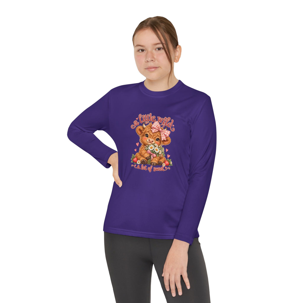 Youth Long Sleeve Tee — 'A Little Wild' Cute Highland Cow Floral Graphic