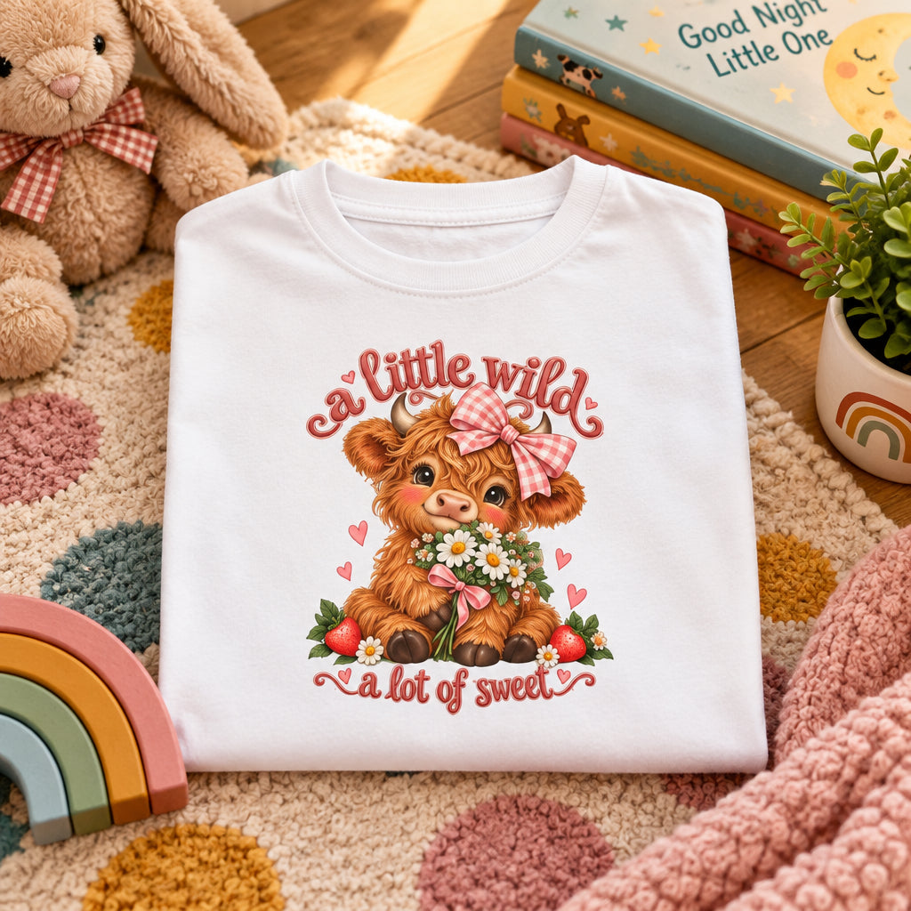 A white long-sleeve crewneck t-shirt featuring a cute cartoon graphic of a highland cow wearing a pink bow and holding flowers, with thettext 'a little wild & a bit of sweet' printed in pink script.