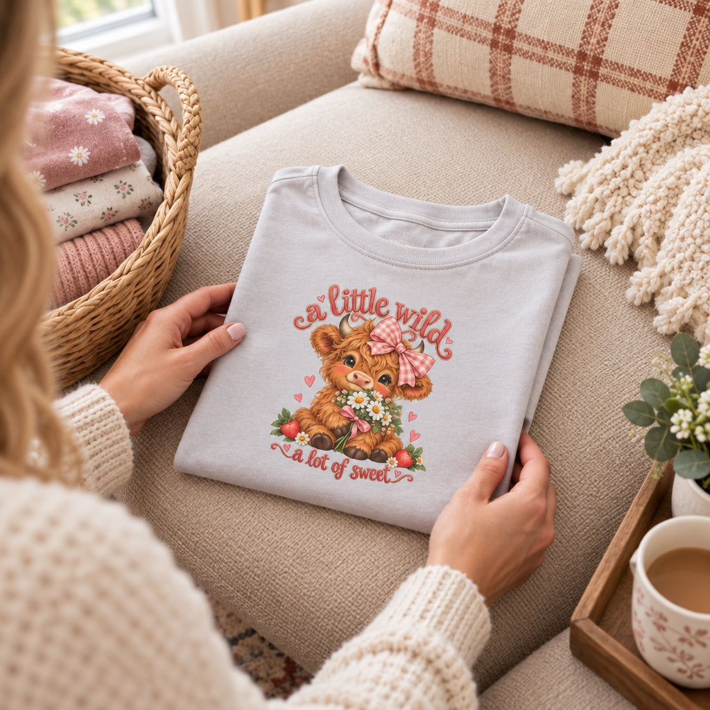 Youth Long Sleeve Tee — 'A Little Wild' Cute Highland Cow Floral Graphic