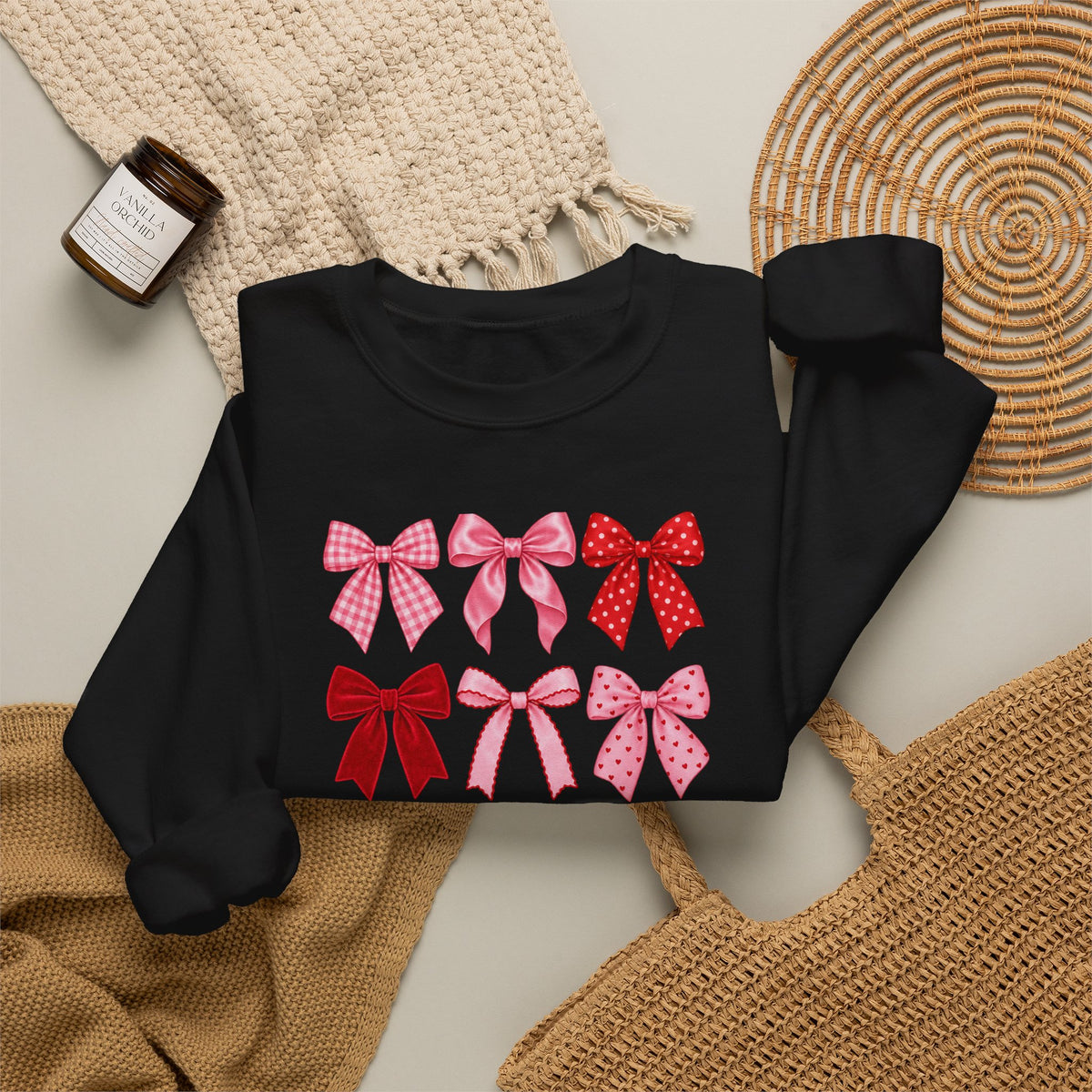 Bow Pattern Crewneck Sweatshirt — 'Lady God' Pink & Red Bows
