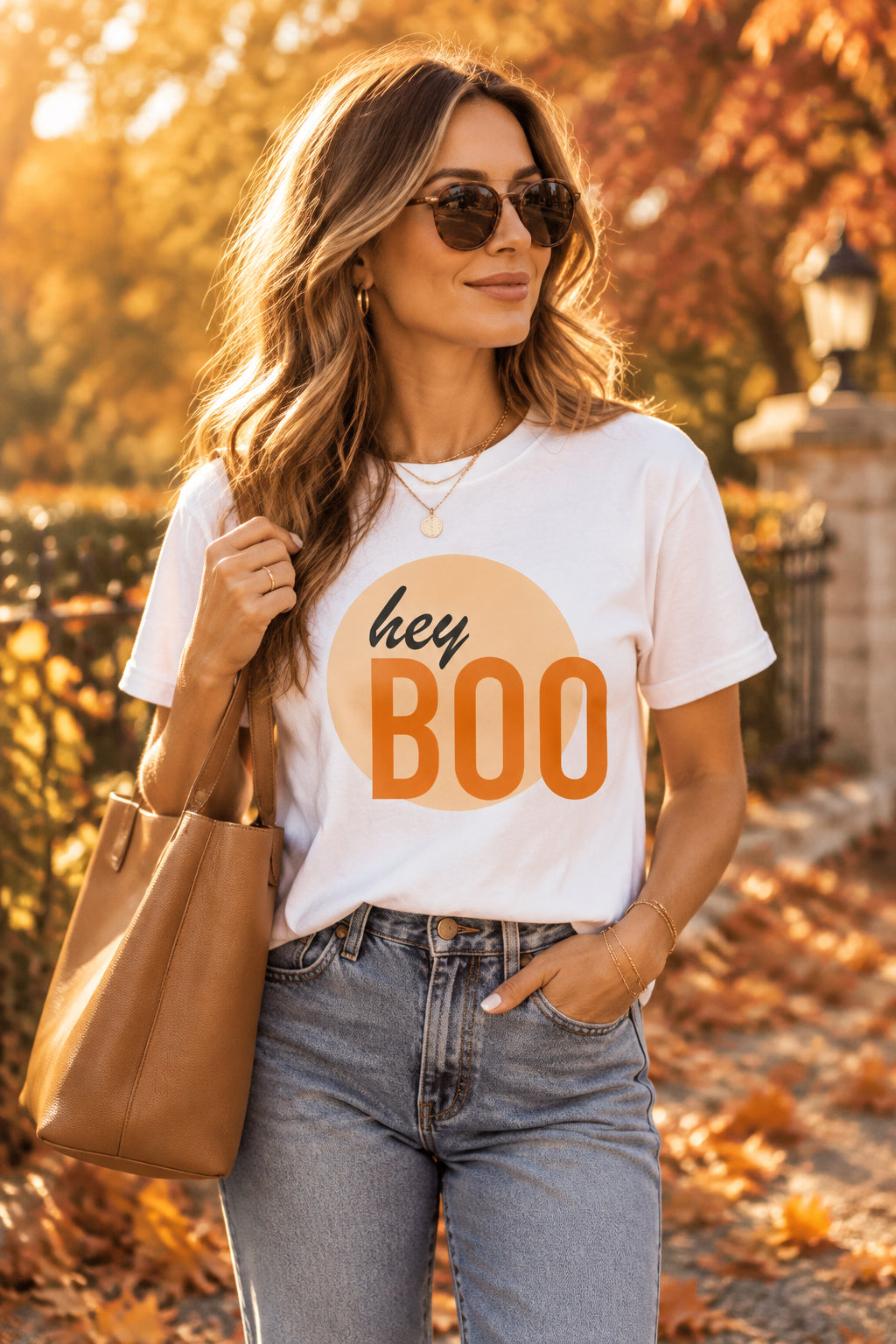 A white short-sleeve crewneck t-shirt featuring a graphic print on the front with a peach-colored circle and the text 'hey BOO' in black and orange lettering.