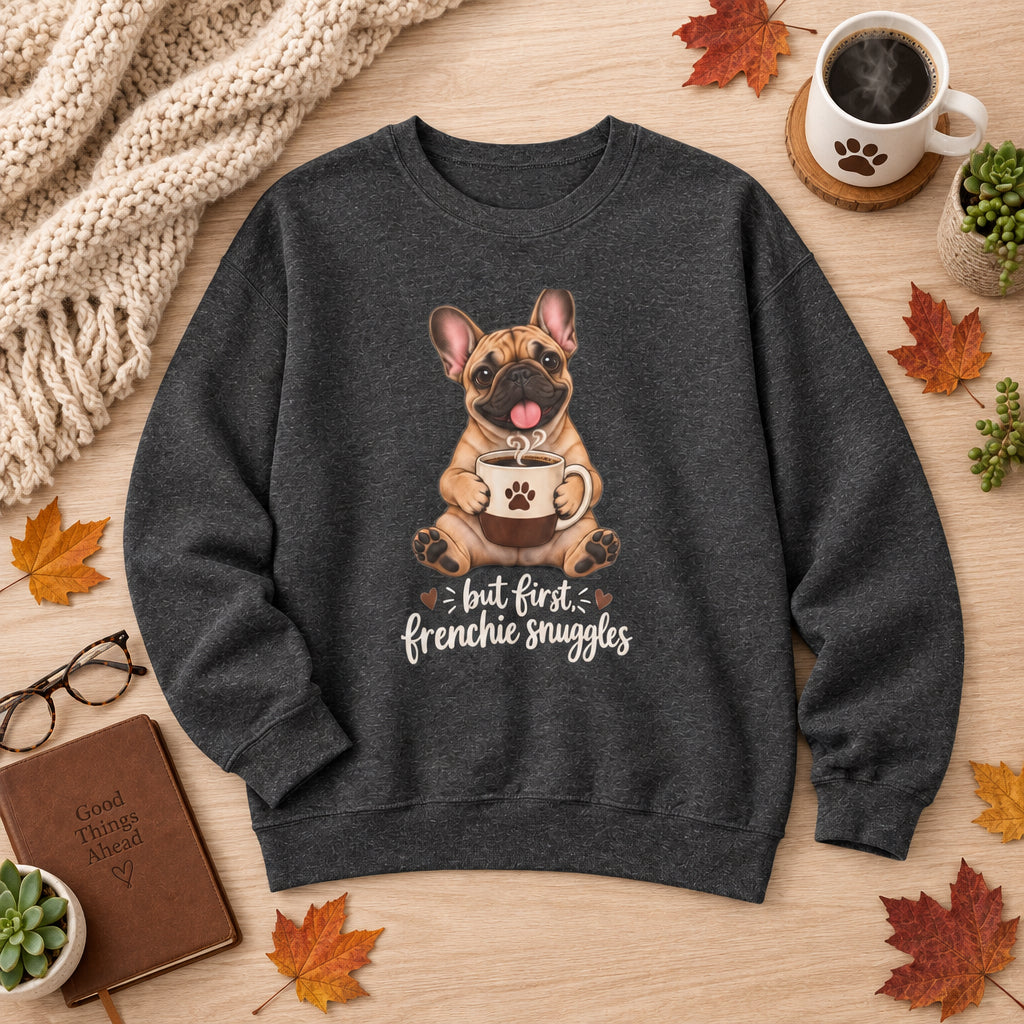 A white crewneck sweatshirt featuring a cartoon illustration of a French Bulldog holding a coffee mug with the text 'but first, frenchie snuggles' written below it.