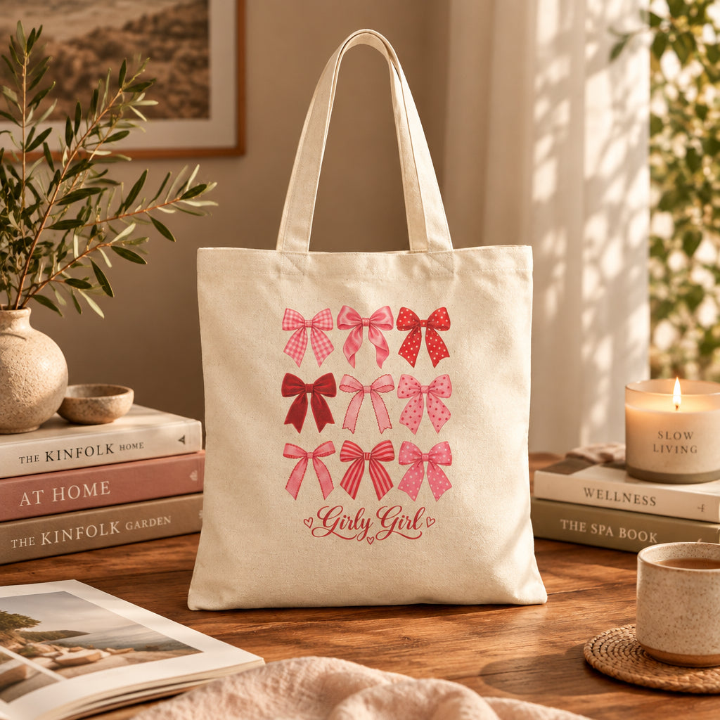 An off-white canvas tote bag with two shoulder straps, featuring a graphic print of nine pink and red patterned bows with the text 'Girly Girl' written below in a cursive font, set against a plain white background.
