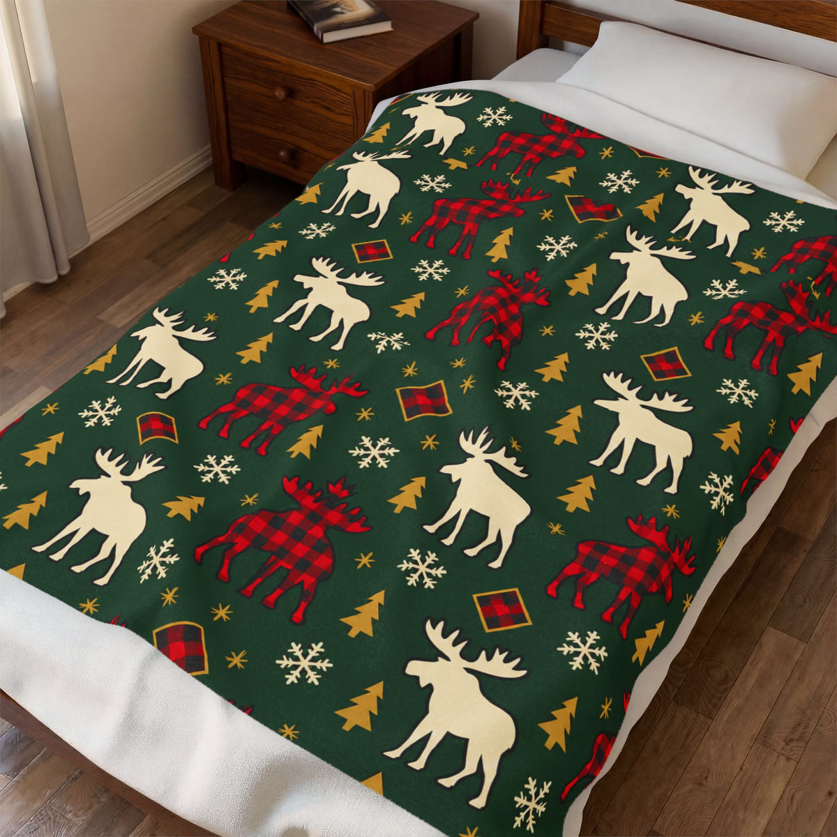 Christmas Moose Plush Blanket – Green Buffalo Plaid Holiday Throw