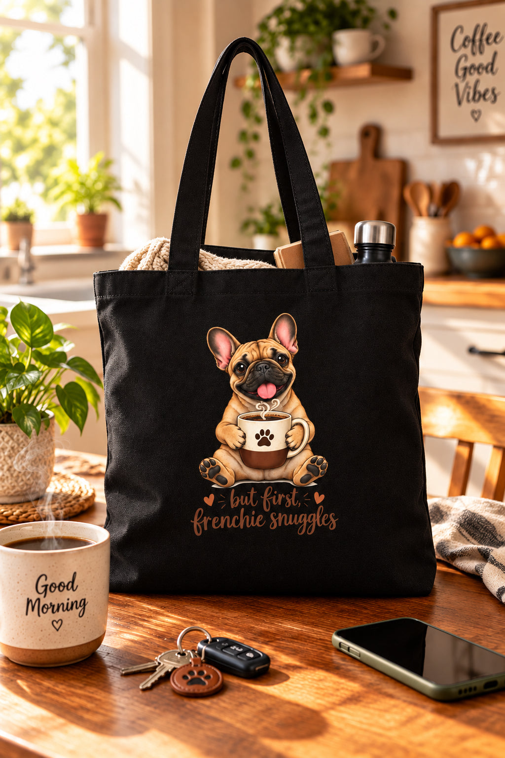 Cotton Tote Bag — "But First, Frenchie Snuggles" Cute French Bulldog Grocery/Market Tote