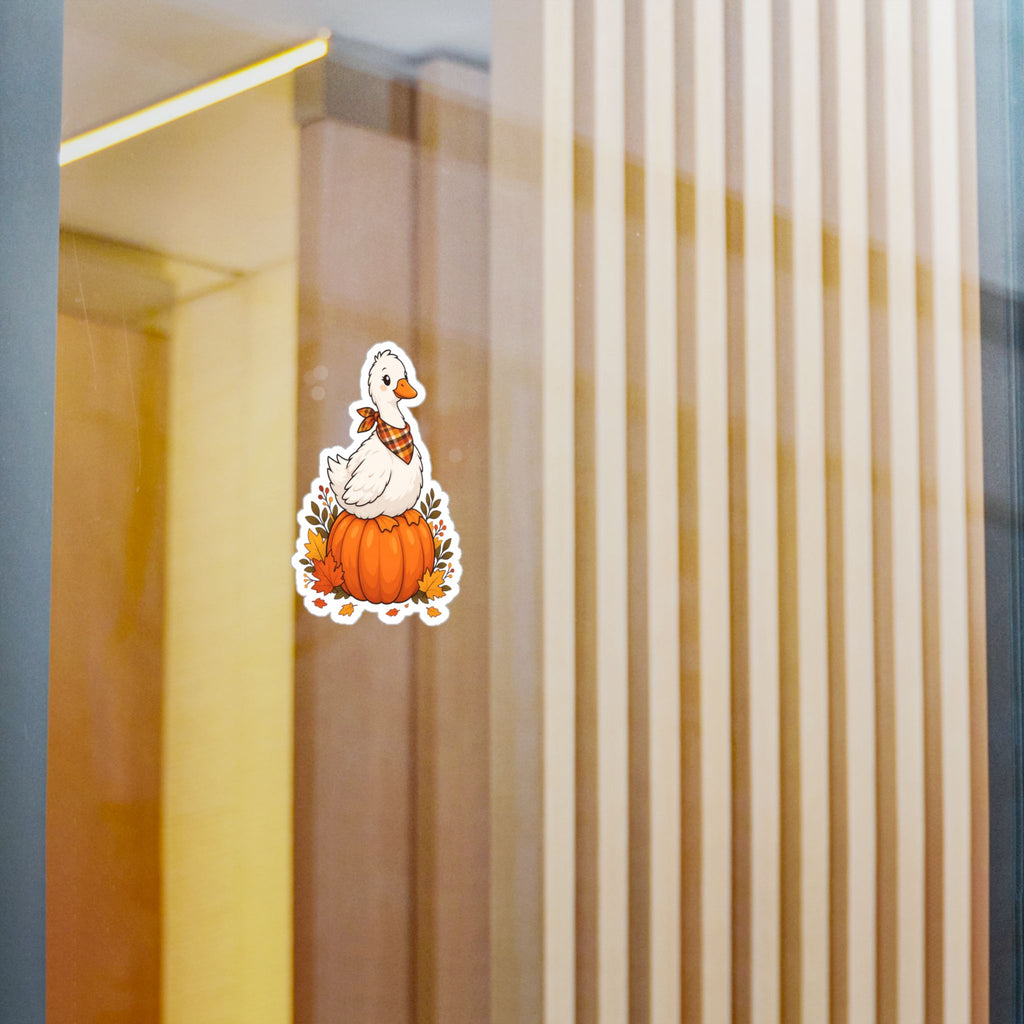 Autumn Goose on Pumpkin Vinyl Sticker — Fall Kiss-Cut Decal
