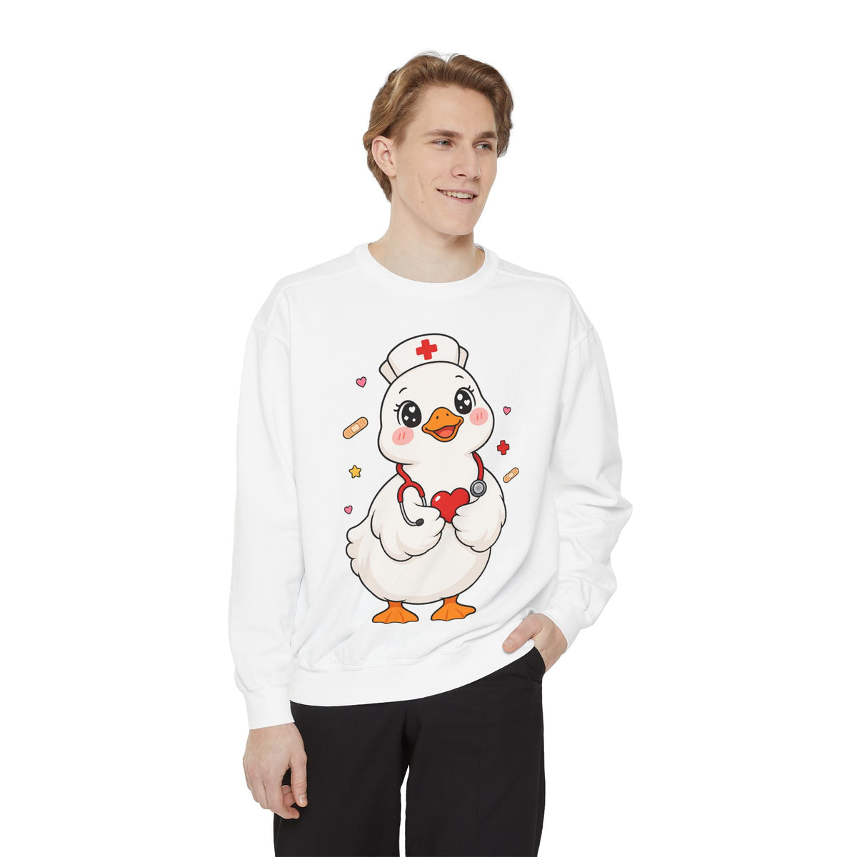Nurse Duck Sweatshirt — Cute Medical Heart Stethoscope Crewneck