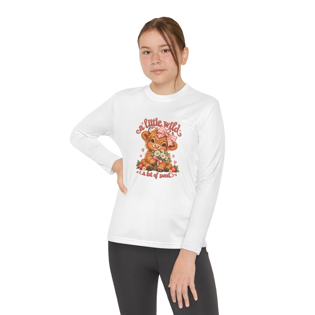 Youth Long Sleeve Tee — 'A Little Wild' Cute Highland Cow Floral Graphic