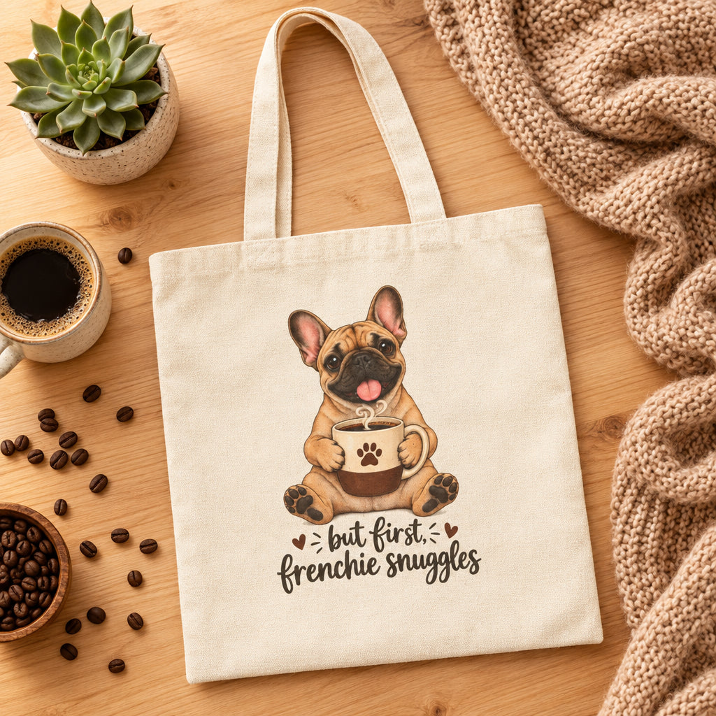 A cream-colored canvas tote bag featuring a cartoon illustration of a French Bulldog sitting and holding a coffee mug with the text 'but first frenchie snuggles' printed below it, shown against a plain white background.