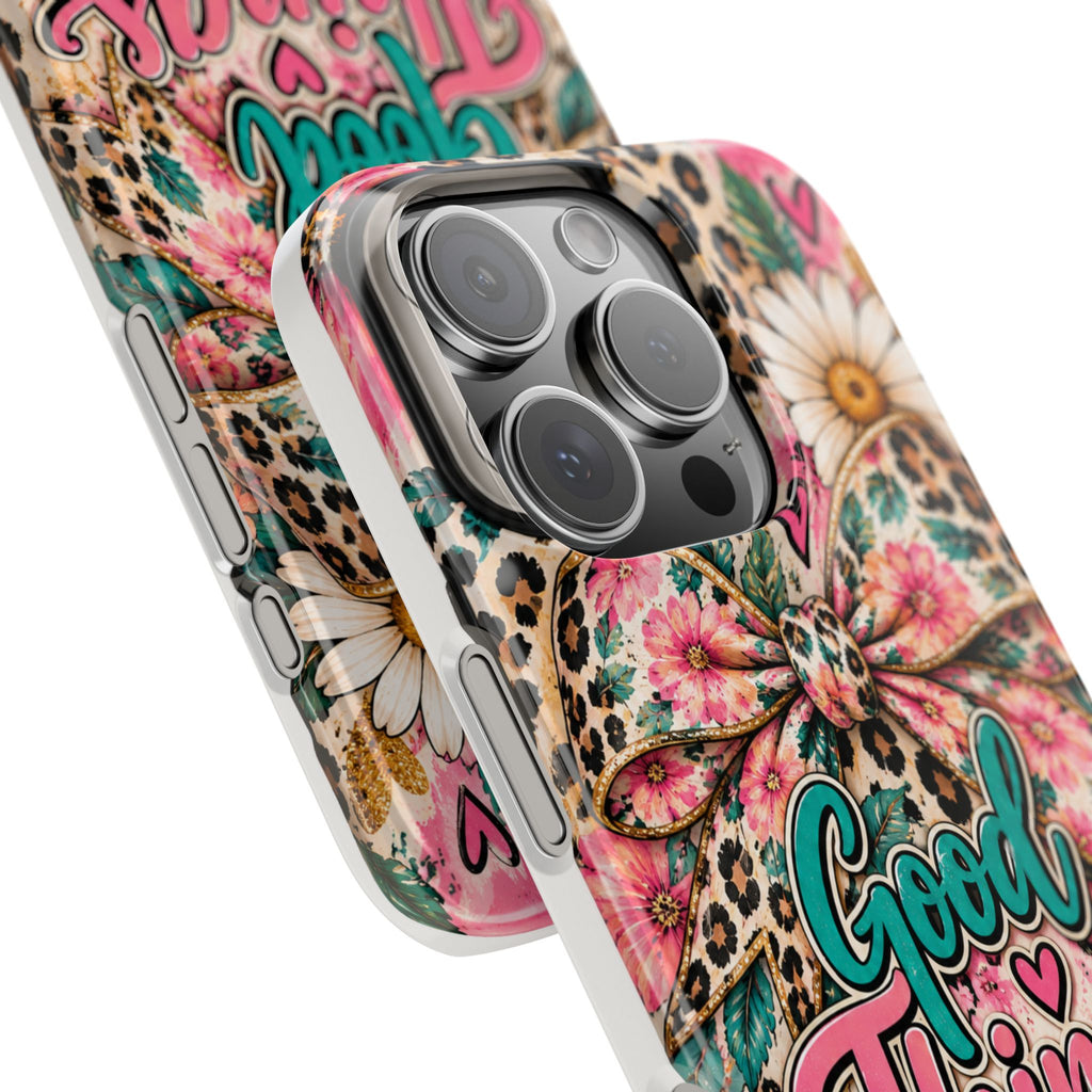 Slim Phone Case — "Good Things Take Time" Floral Leopard Bow Design