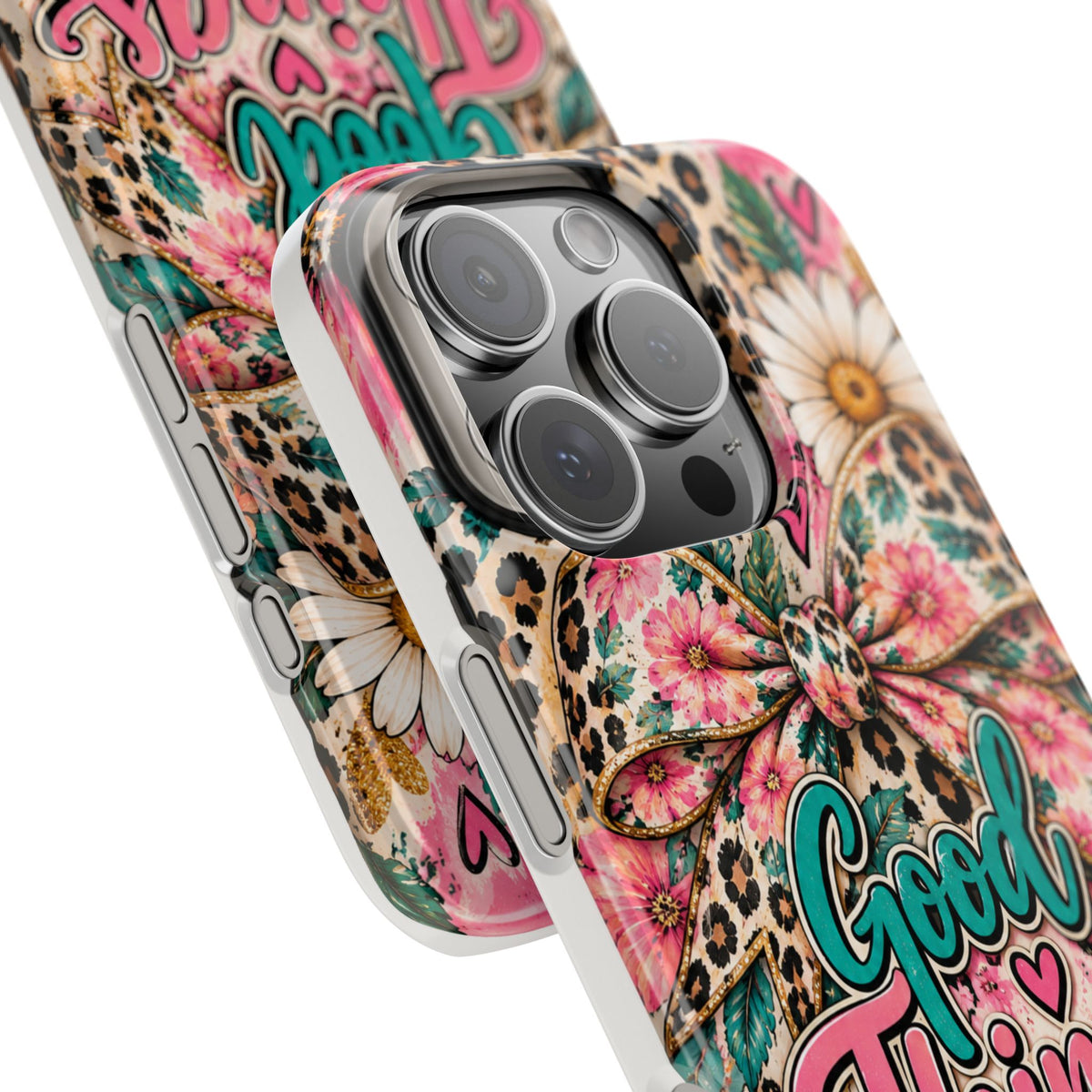Slim Phone Case — "Good Things Take Time" Floral Leopard Bow Design