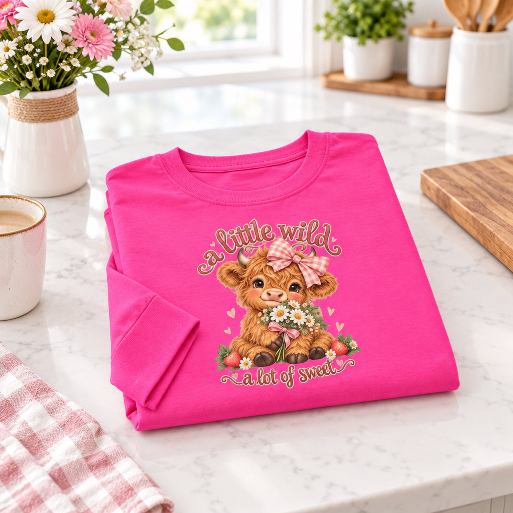 Youth Long Sleeve Tee — 'A Little Wild' Cute Highland Cow Floral Graphic