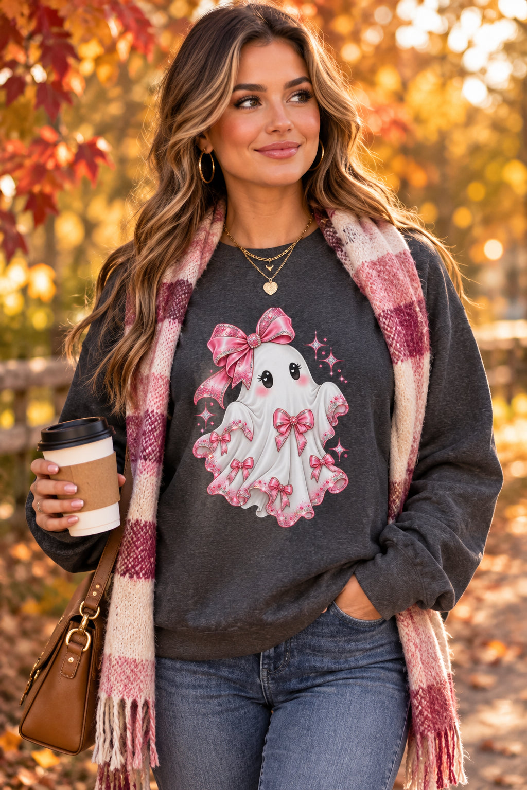 A dark gray crewneck sweatshirt featuring a cute cartoon ghost graphic on the front. The ghost is white with pink bows, black eyes, and pink sparkles, set against a plain white background.