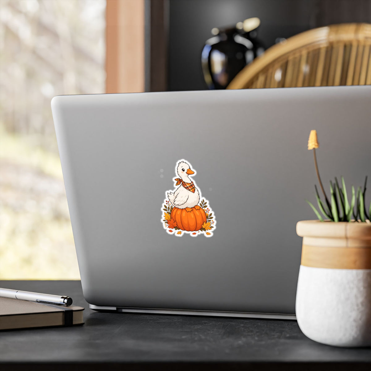 Autumn Goose on Pumpkin Vinyl Sticker — Fall Kiss-Cut Decal