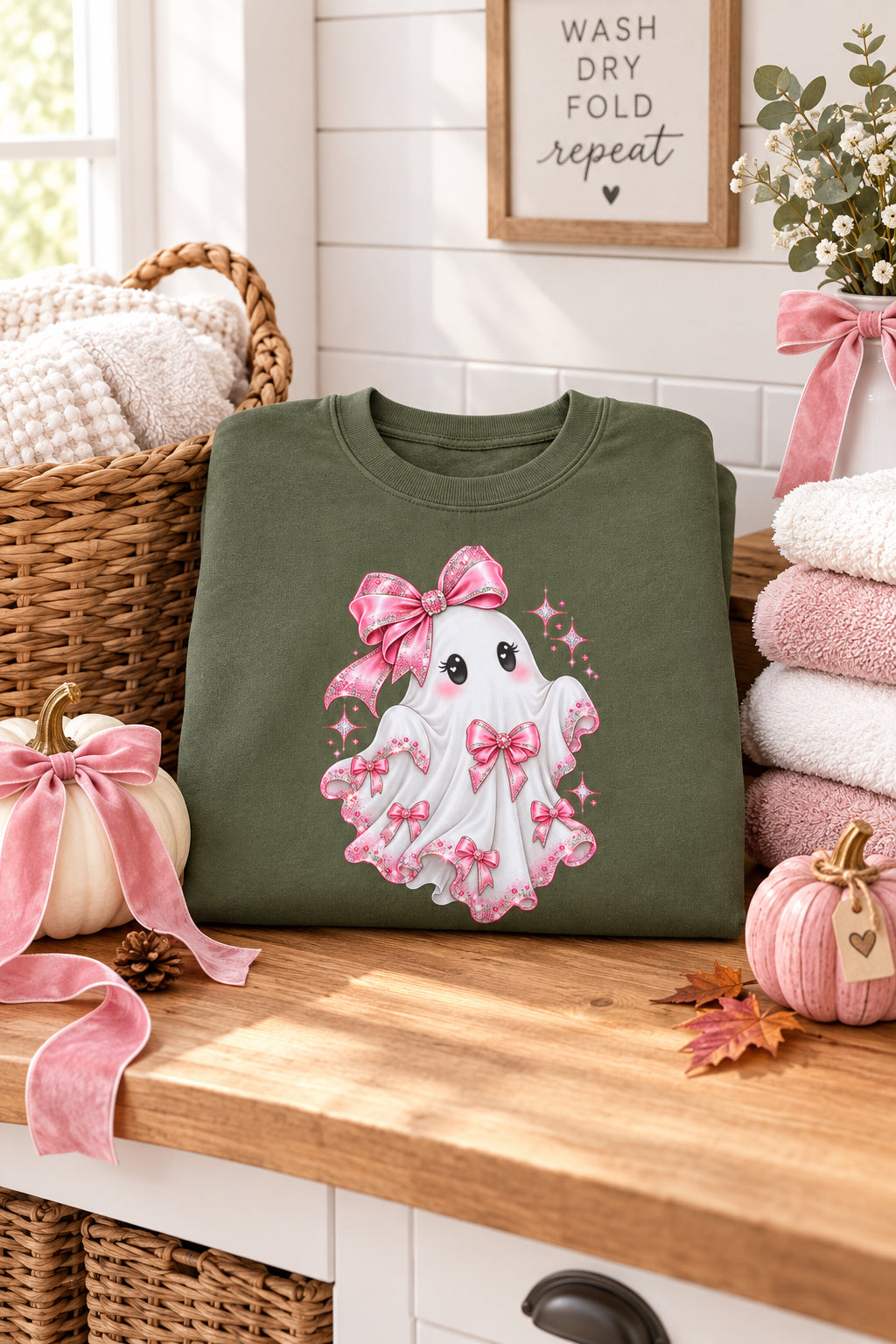 An olive green crewneck sweatshirt featuring a cute cartoon ghost graphic on the front. The ghost is white with pink bows, black eyes, and small pink sparkles, set against a plain white background.