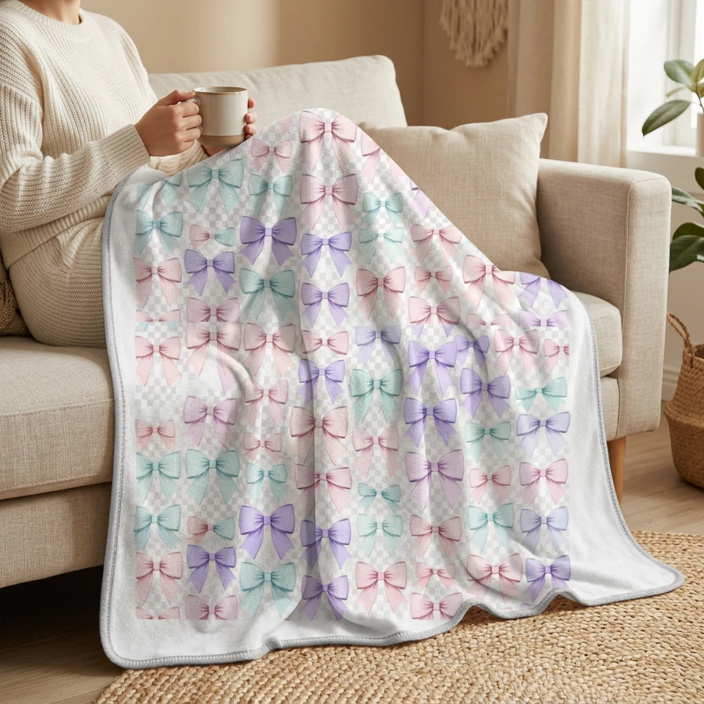 Pastel Bow Sherpa Blanket — Soft Fleece Throw for Kids & Nursery