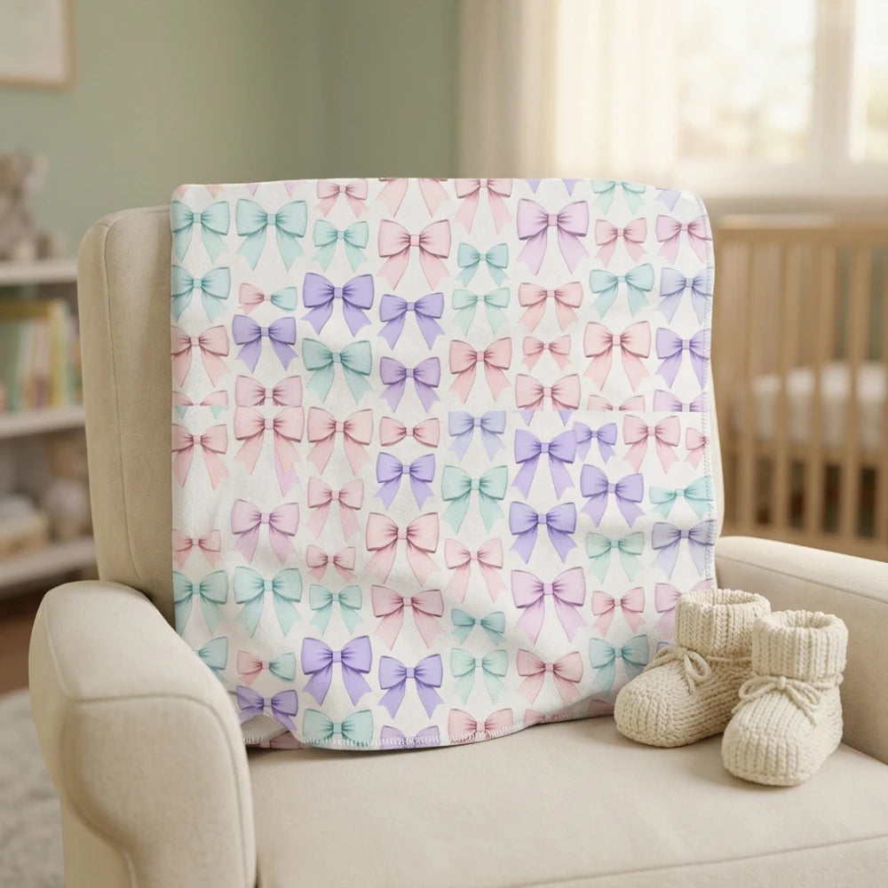 Pastel Bow Sherpa Blanket — Soft Fleece Throw for Kids & Nursery