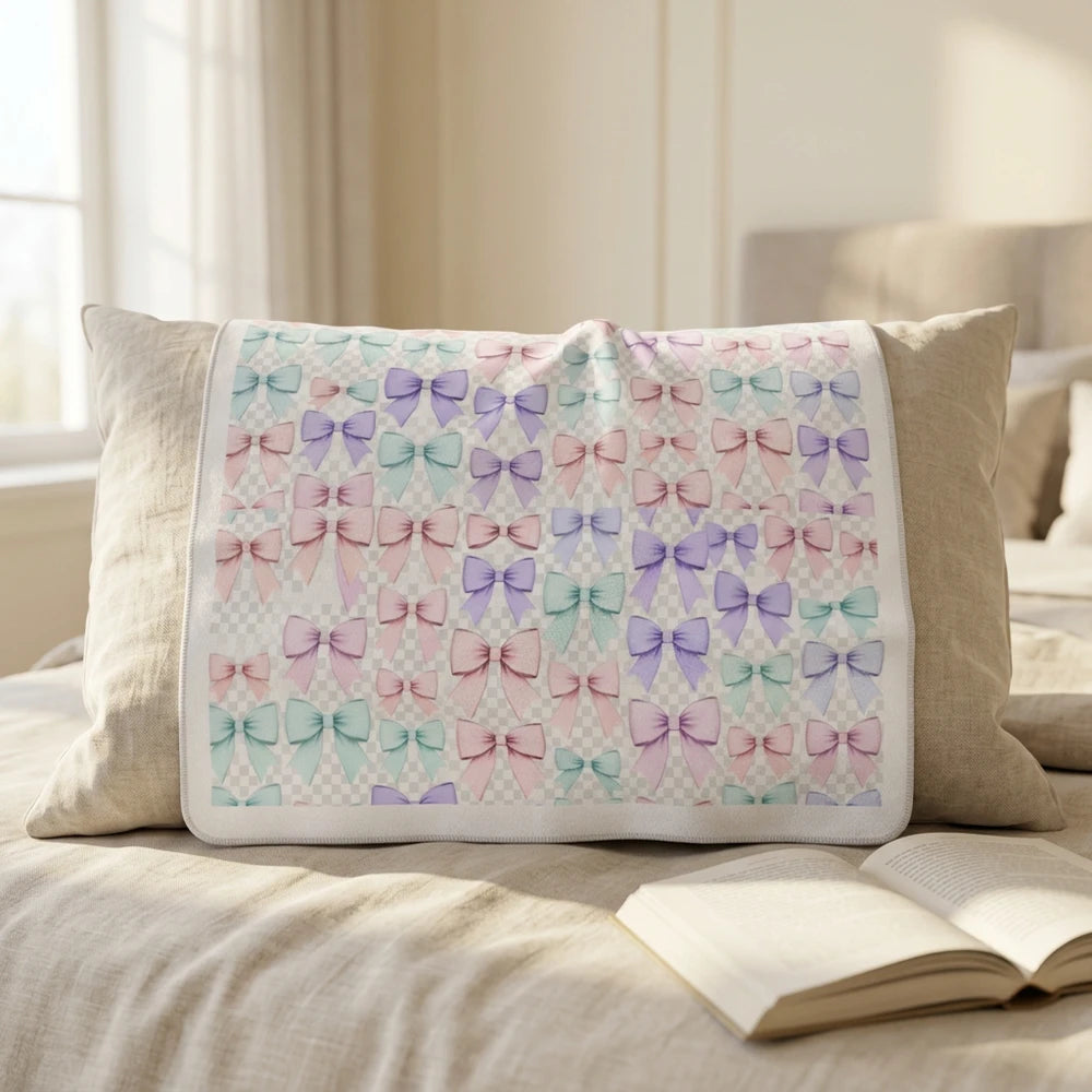 Pastel Bow Sherpa Blanket — Soft Fleece Throw for Kids & Nursery