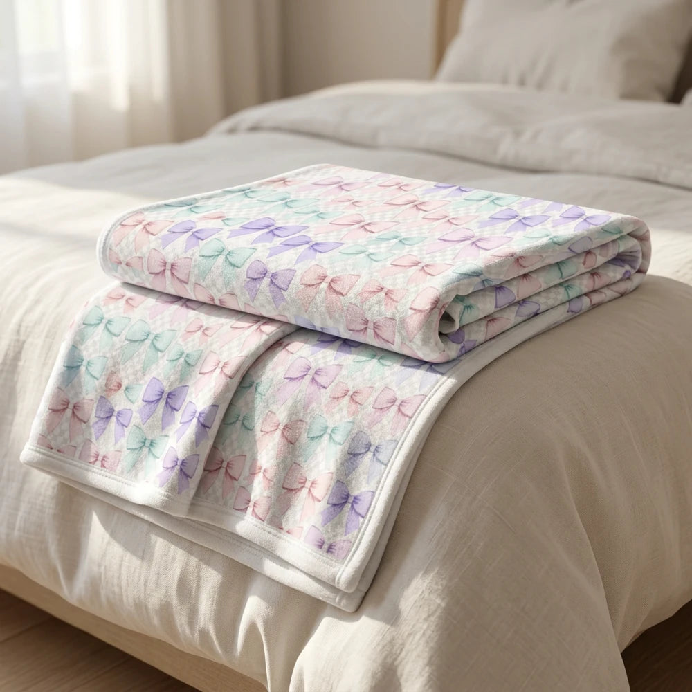 Pastel Bow Sherpa Blanket — Soft Fleece Throw for Kids & Nursery