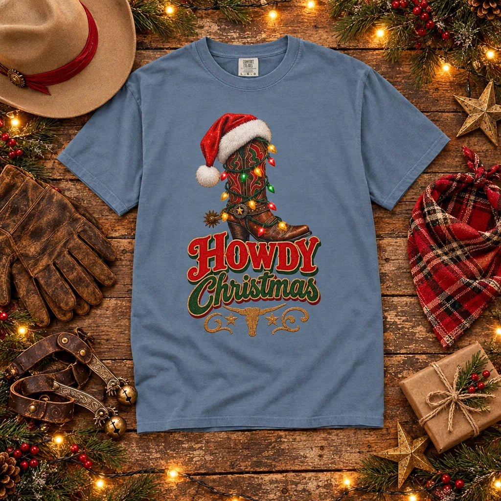 A slate blue short-sleeve t-shirt with a graphic on the front showing a cowboy boot in a Santa hat with Christmas lights and the text 'Howdy Christmas' in red and green.