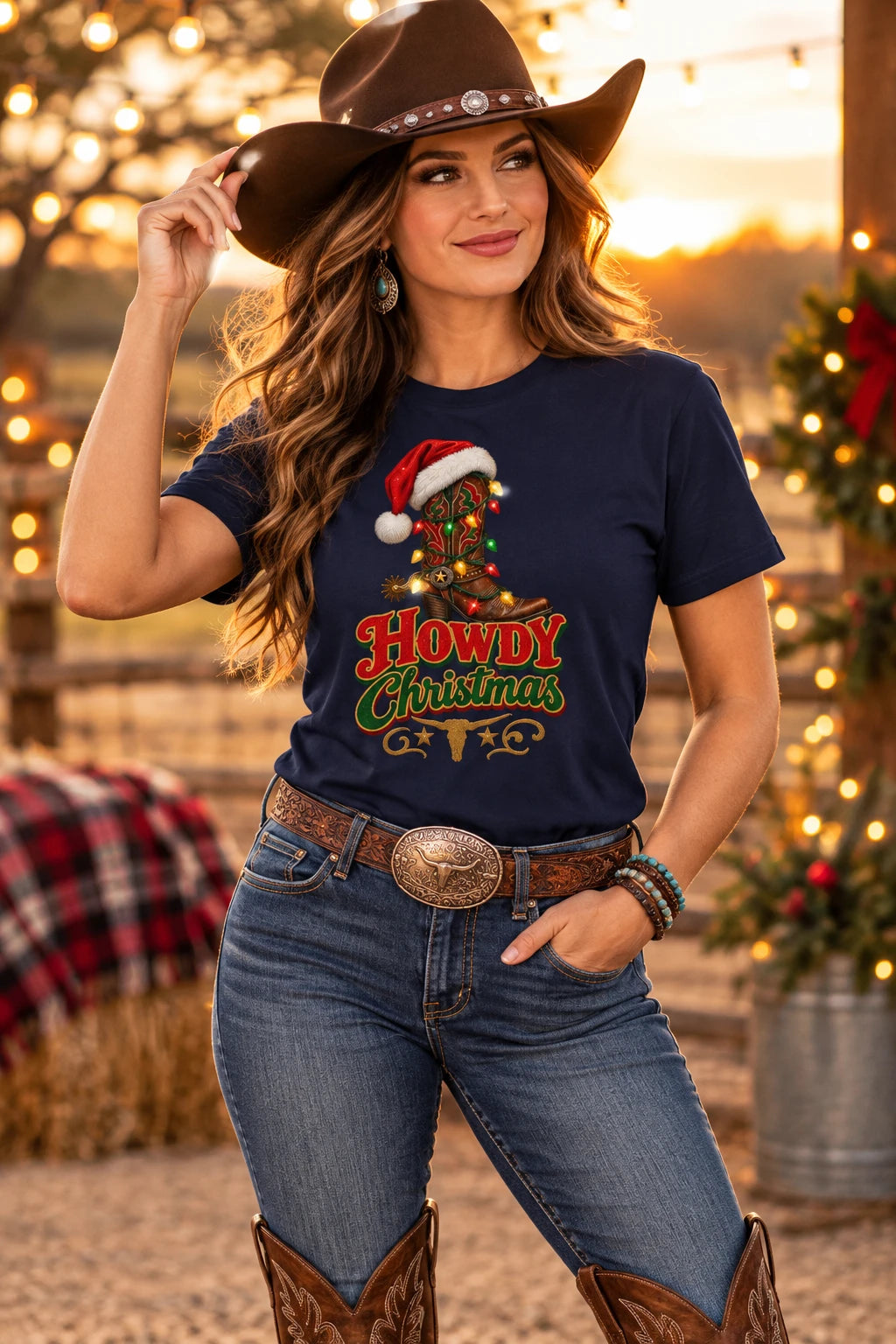 A navy blue short-sleeve t-shirt with a graphic on the front showing a cowboy boot decorated like a Christmas tree with a Santa hat and the text 'Howdy Christmas' in red and green.