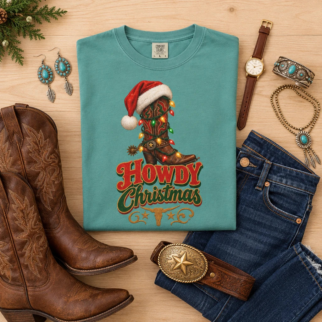 A teal short-sleeve crewneck t-shirt featuring a Christmas graphic of a cowboy boot decorated with a Santa hat and string lights, above the text 'Howdy Christmas' in red and green.