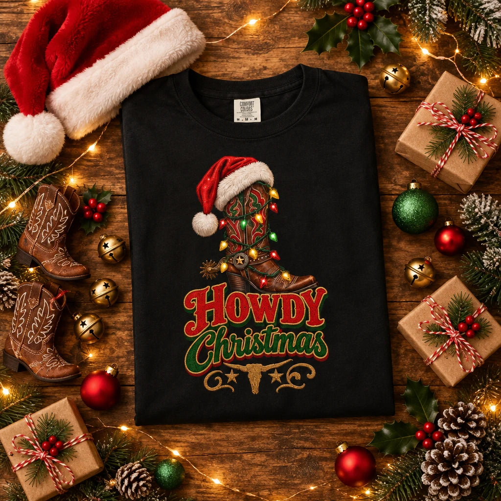 A black short-sleeve crewneck t-shirt featuring a Christmas graphic on the front. The graphic shows a cowboy boot decorated with a Christmas tree and lights, wearing a Santa hat, above the text 'Howdy Christmas' in red and green with a small steer head illustration below.