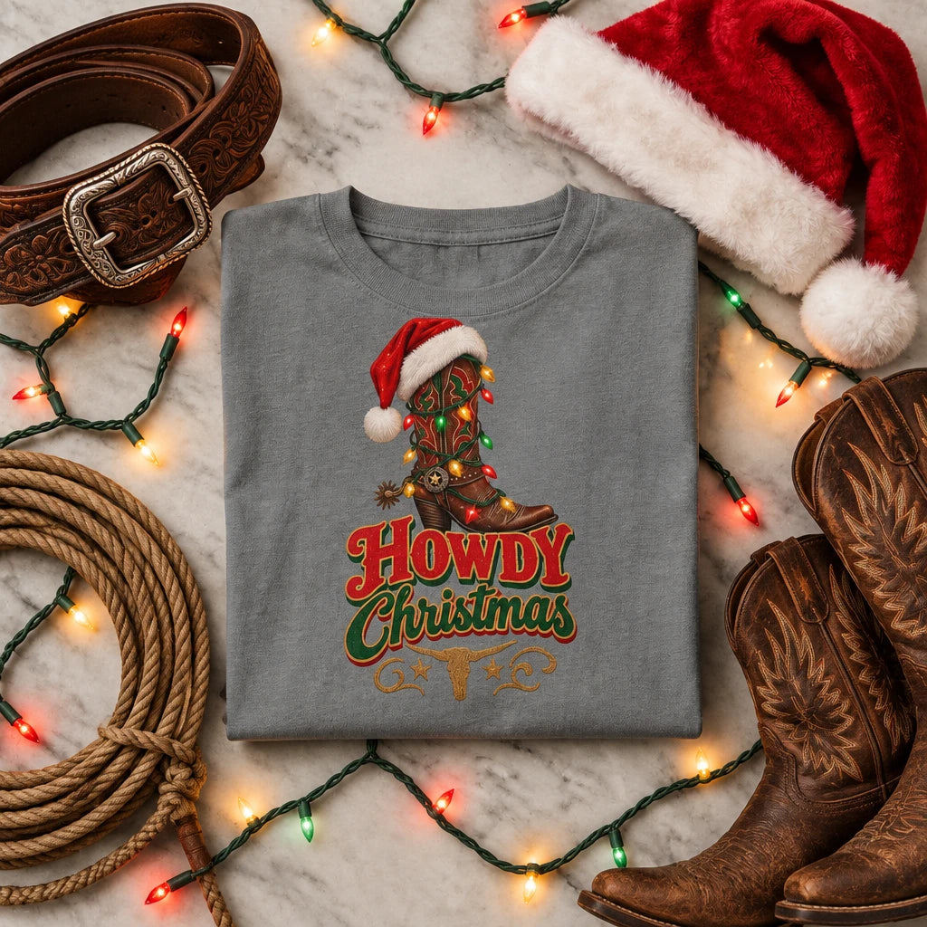 A folded gray square item, likely a napkin, coaster, or small fabric square, featuring a 'Howdy Christmas' graphic with a cowboy boot in a Santa hat and holiday lights, displayed on a white marble surface.
