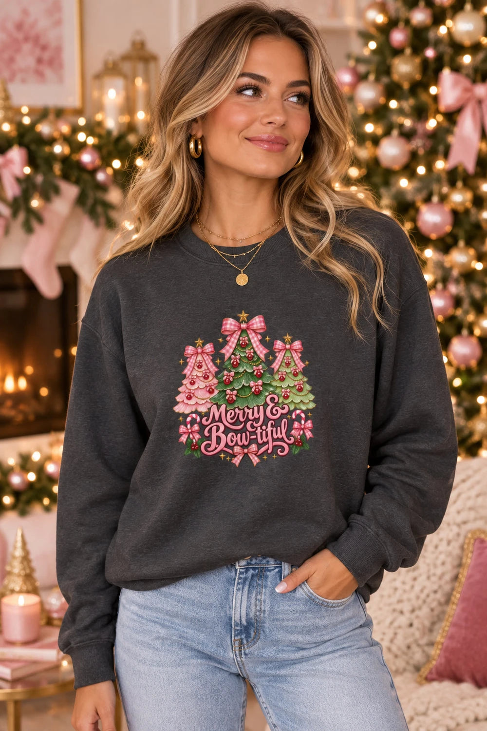 Christmas Tree Graphic Sweatshirt - "Merry & Bright" Holiday Crewneck