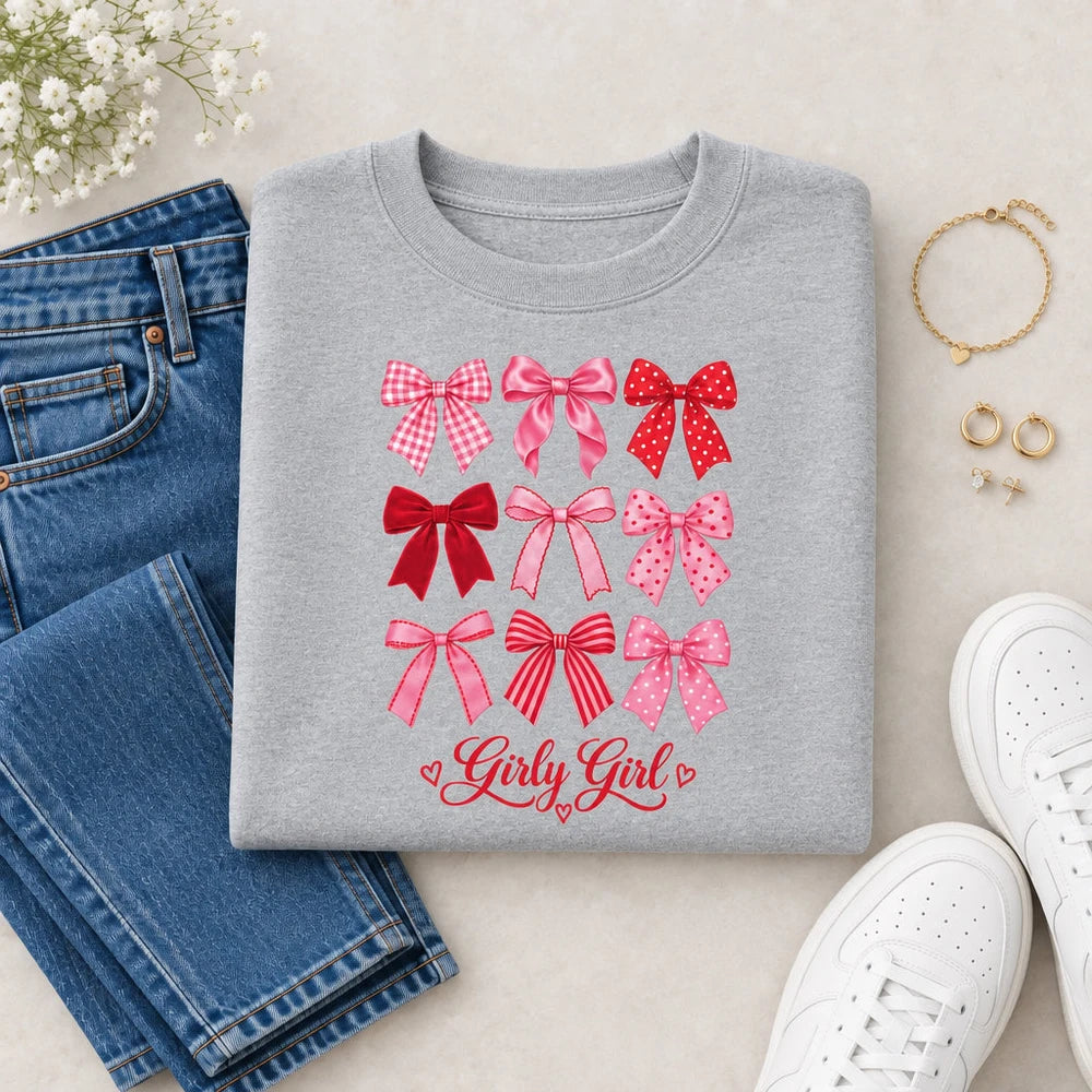Bow Grid 'Girly Girl' Crewneck Sweatshirt — Pink Ribbon Heart Design