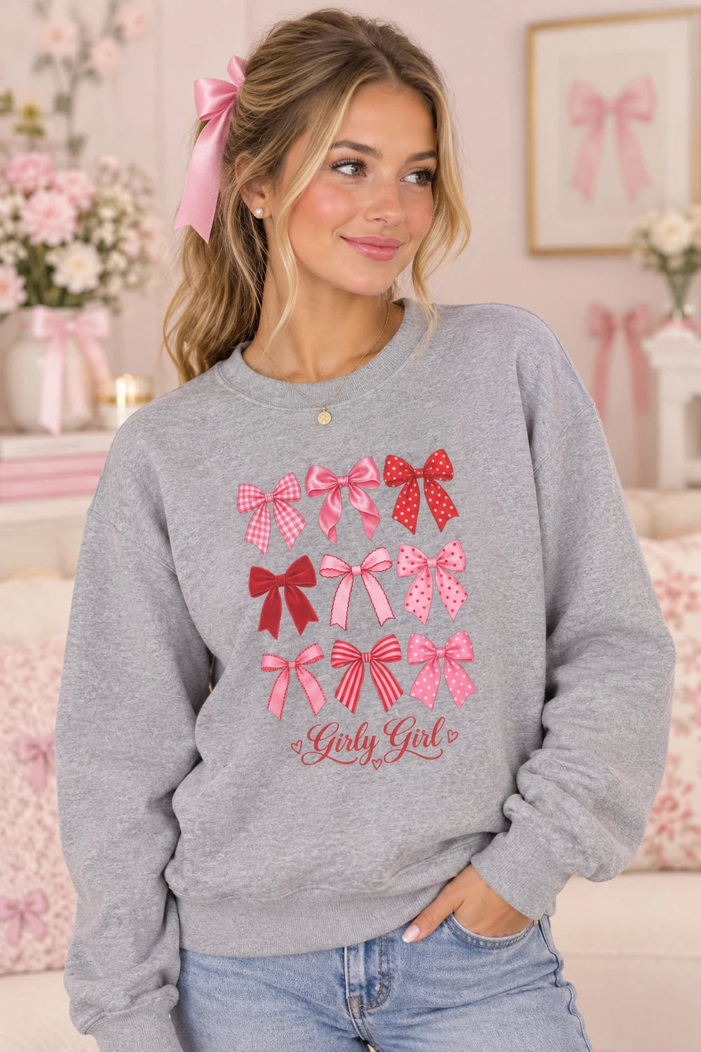 Bow Grid 'Girly Girl' Crewneck Sweatshirt — Pink Ribbon Heart Design