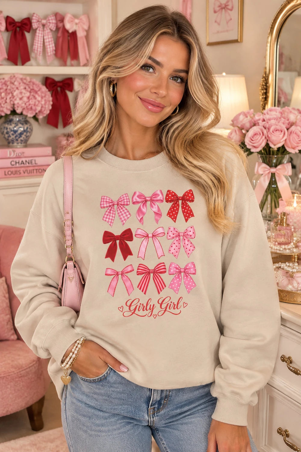 Bow Grid 'Girly Girl' Crewneck Sweatshirt — Pink Ribbon Heart Design