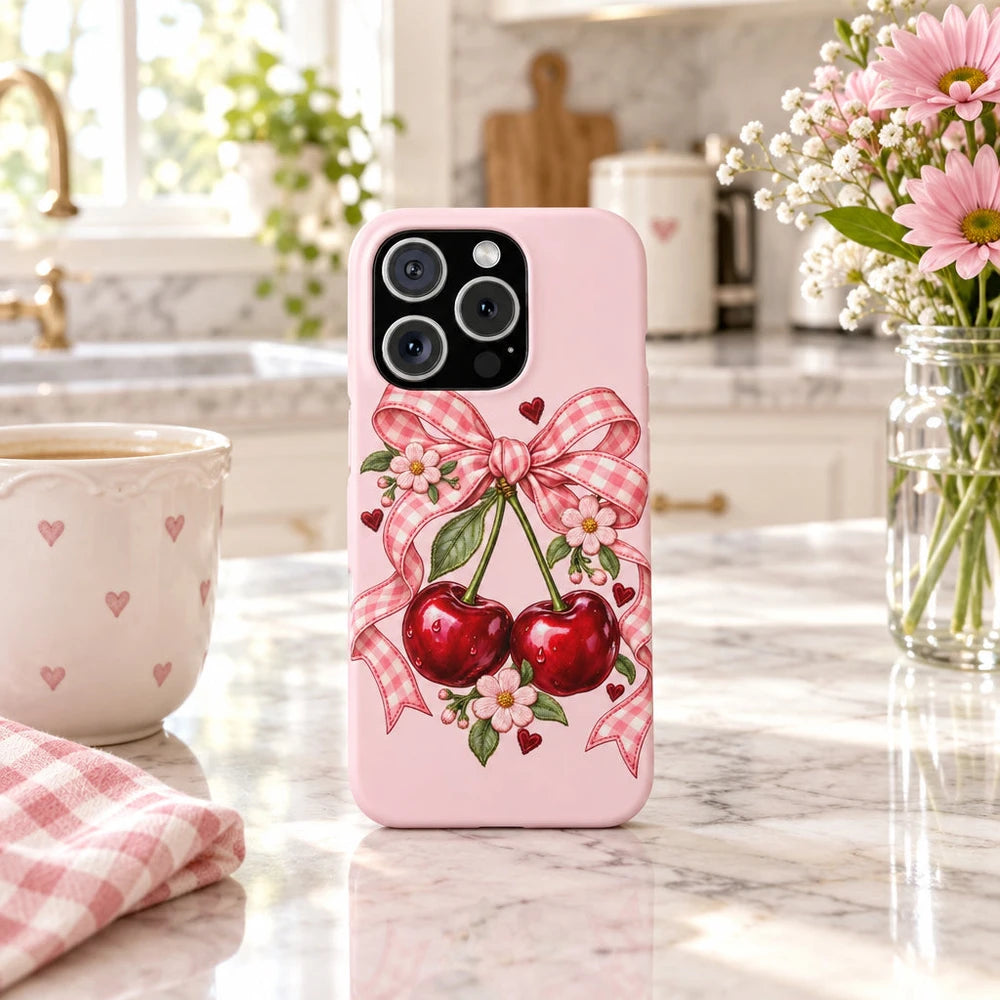 Pink Cherry Bow Phone Case — Cute Girly Cute iPhone Snap Case