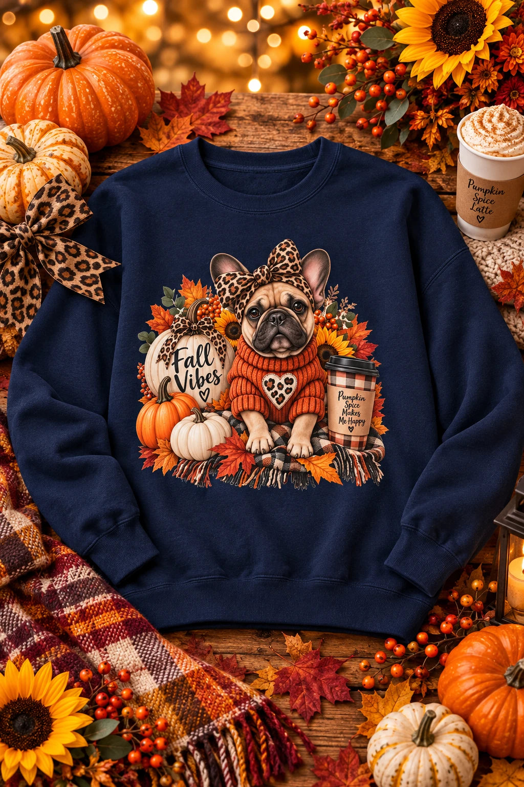 Fall Vibes French Bulldog Sweatshirt — Cute Autumn Pumpkin Dog Crewneck