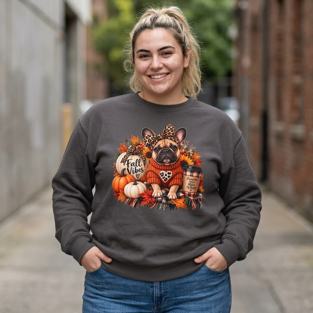 Fall Vibes French Bulldog Sweatshirt — Cute Autumn Pumpkin Dog Crewneck
