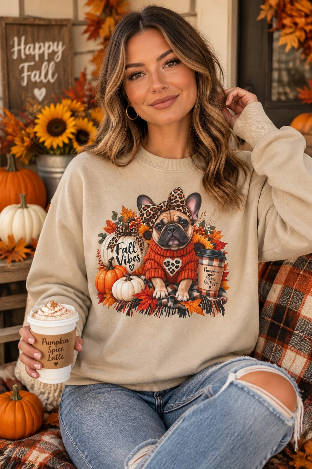 Fall Vibes French Bulldog Sweatshirt — Cute Autumn Pumpkin Dog Crewneck