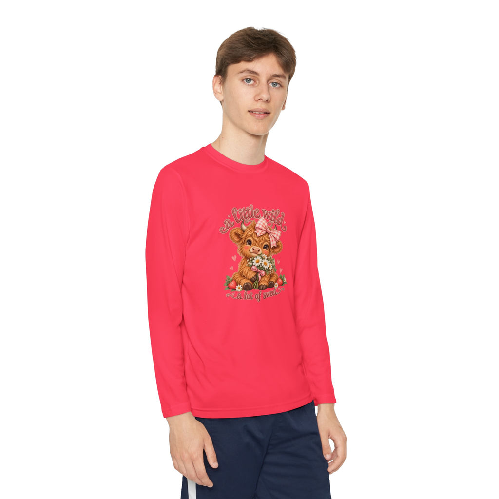 Youth Long Sleeve Tee — 'A Little Wild' Cute Highland Cow Floral Graphic
