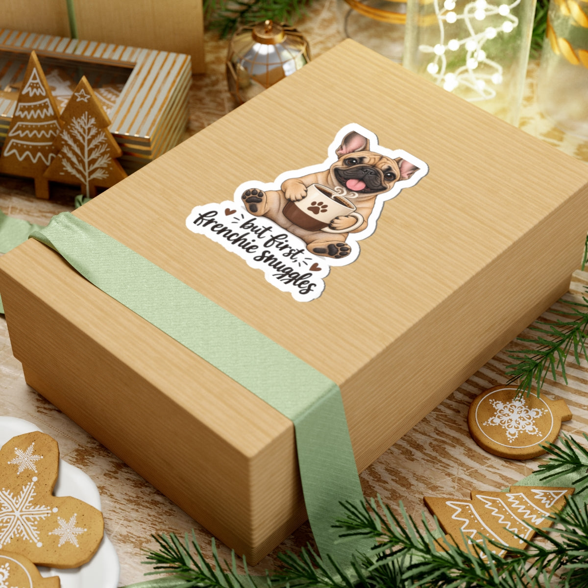 But First Frenchie Snuggles Sticker — Cute French Bulldog Laptop Decal