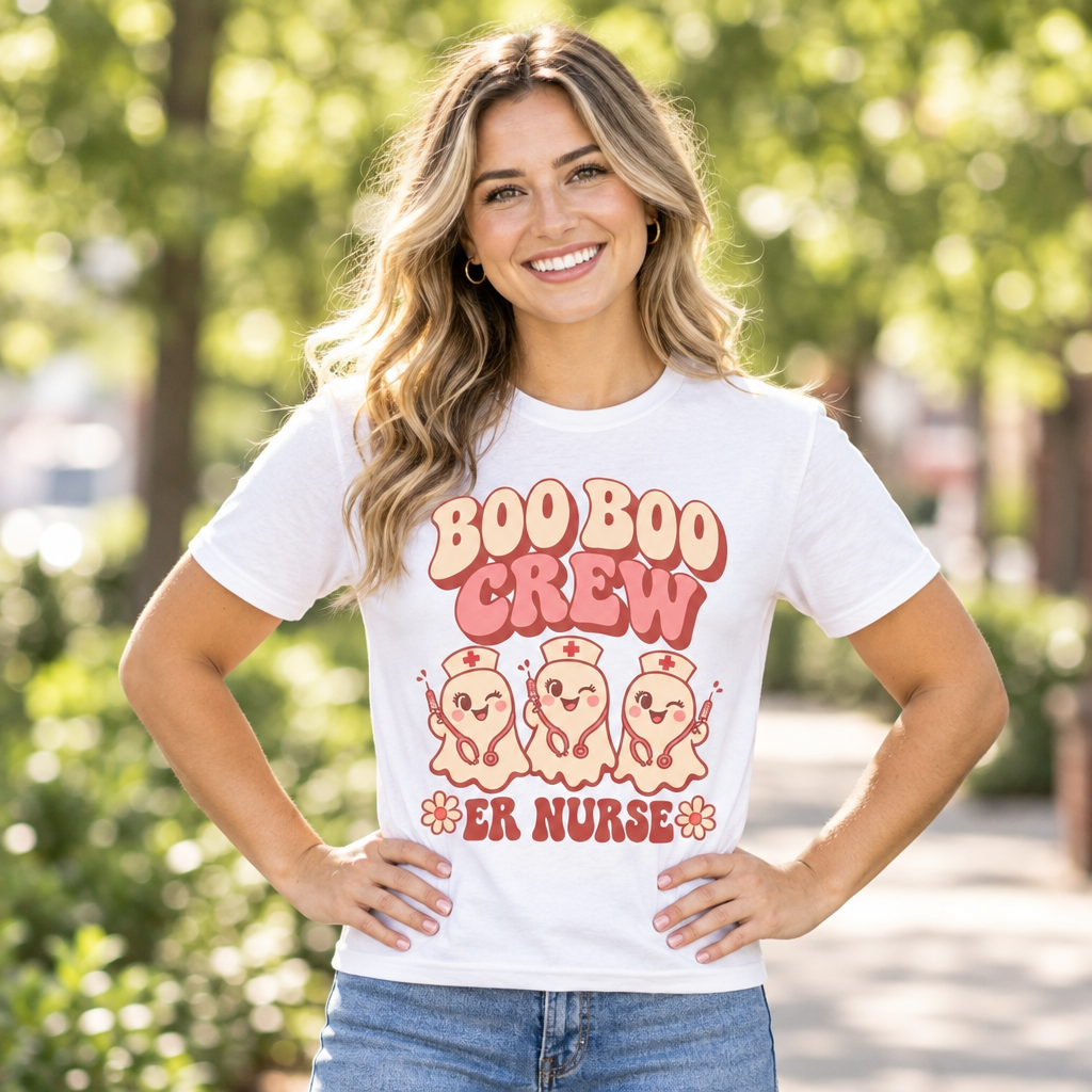 A man wearing a white graphic t-shirt with a 'BOO BOO CREW ER NURSE' Halloween design, standing outdoors with hands on hips.