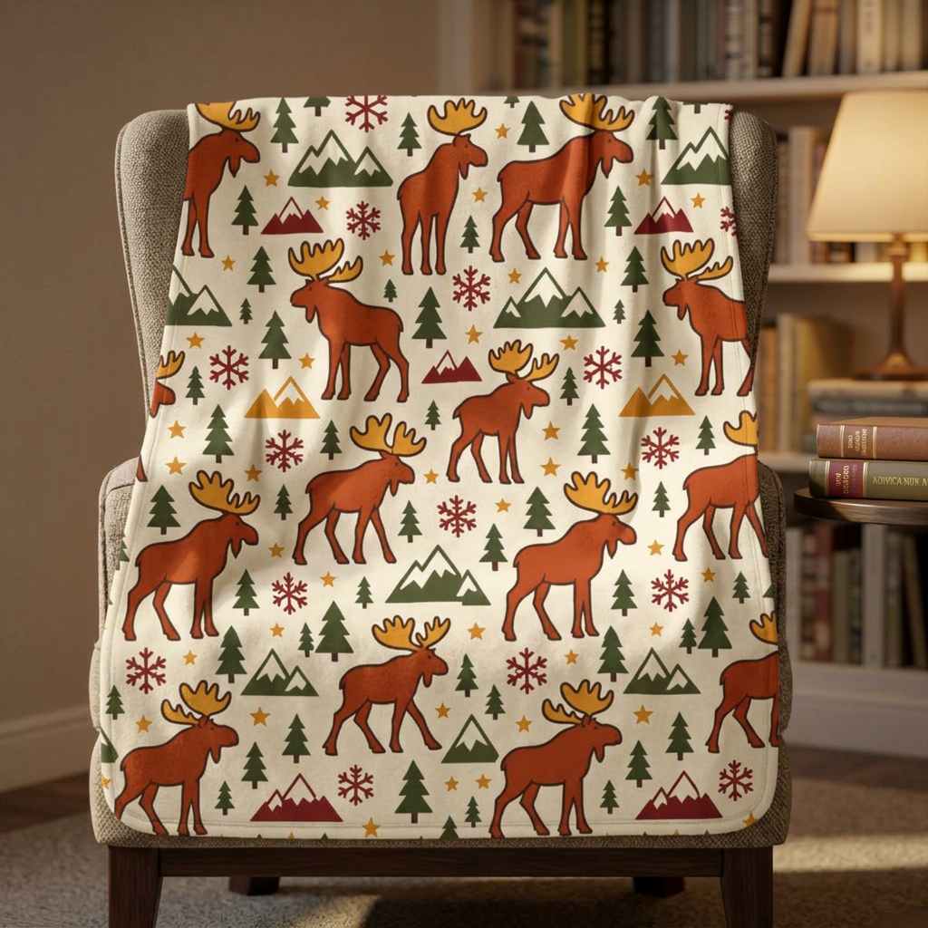 Moose Pattern Velveteen Plush Blanket – Cozy Cabin Holiday Throw